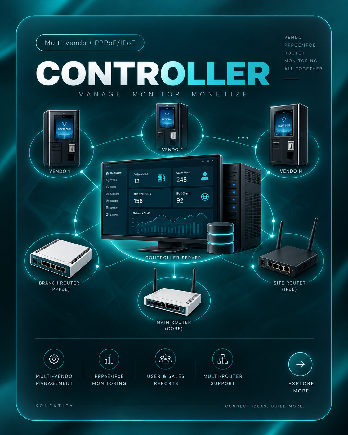 KONEKTIFY Controller managing MikroTik, multiple vendo machines and routers