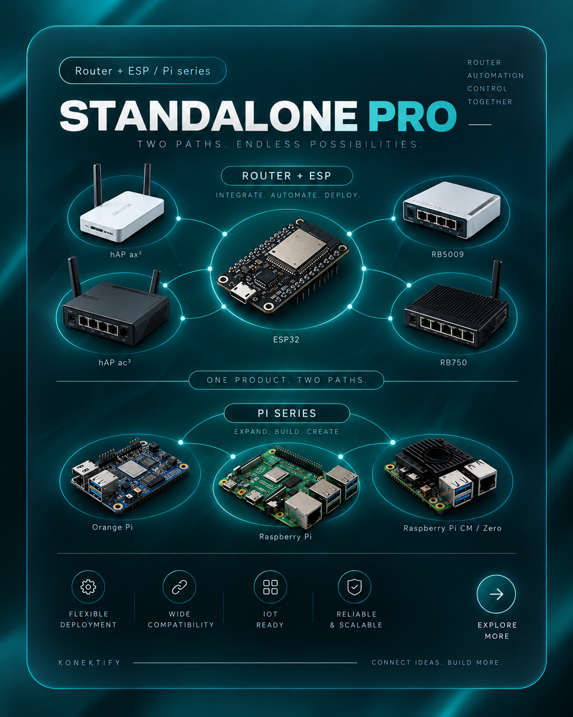 KONEKTIFY Standalone Pro showing Router plus ESP and Pi-series deployment paths